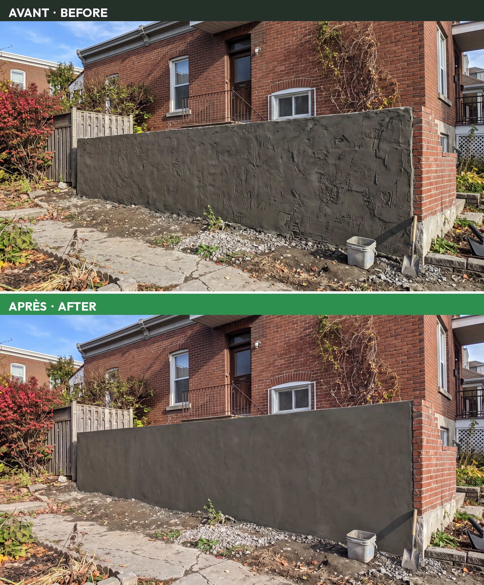 Foundation wall before and after resurfacing