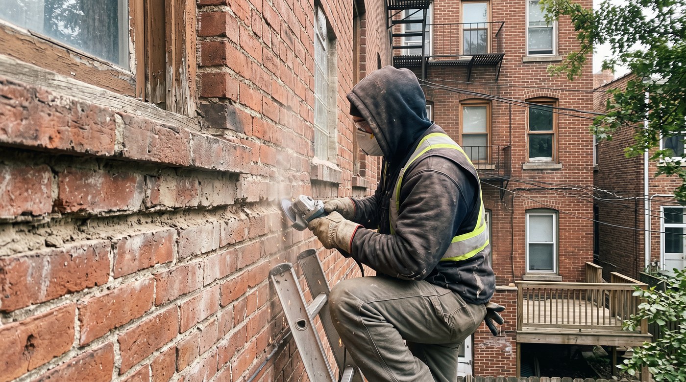 Grinding brick joints on an exterior wall