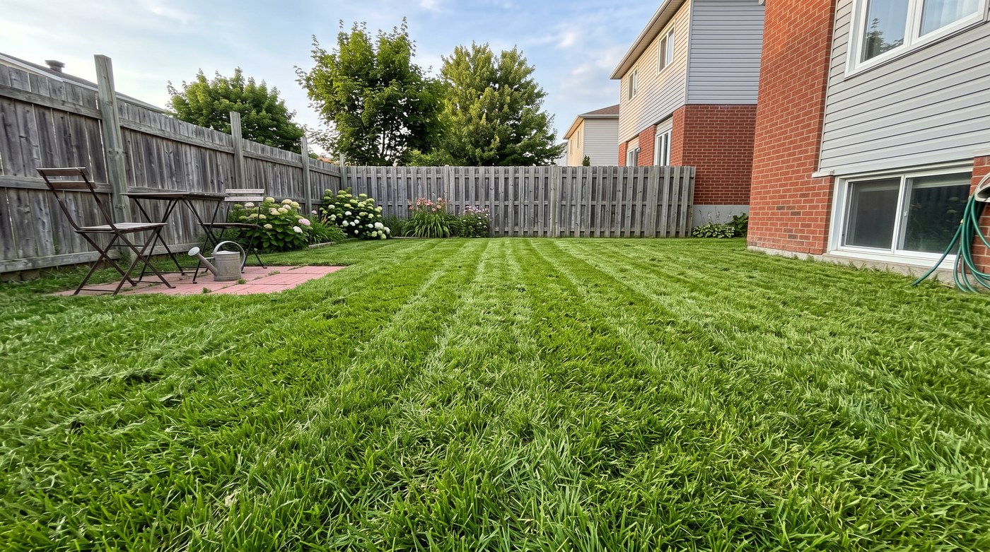 Freshly maintained lawn in a backyard